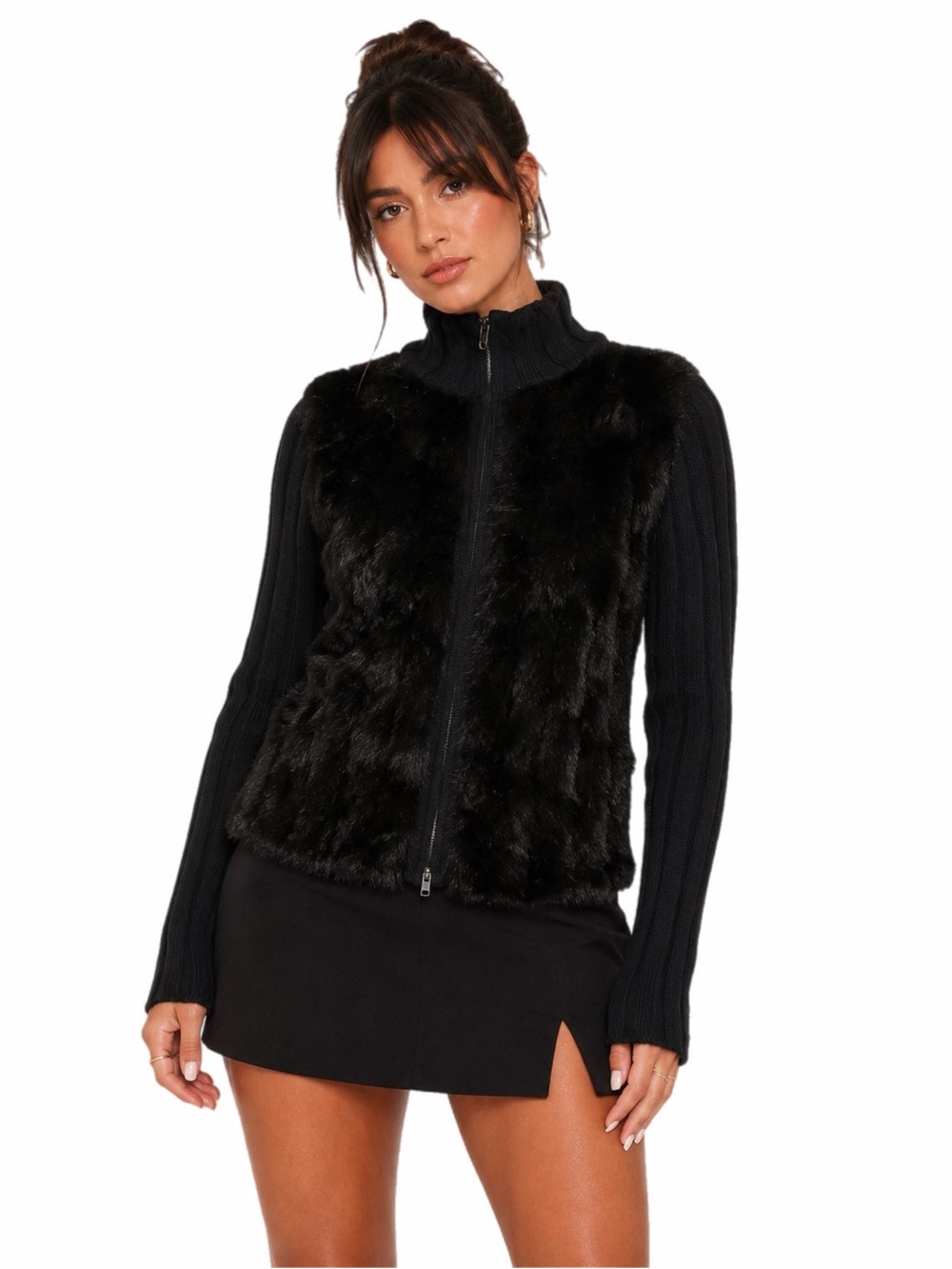 90s Y2K Vintage INC Faux Fur Knit Zip Jacket – Black – Size S